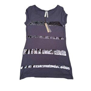Kirsche Mermaid Sequin Stipe Purple Gray Stripe Short Sleeve Shirt XS NWT